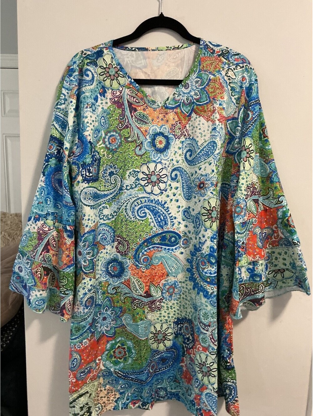 Womens XL Blue Green Paisley V-Neck 3/4 Sleeve Shift Flared Bell Sleeves #148